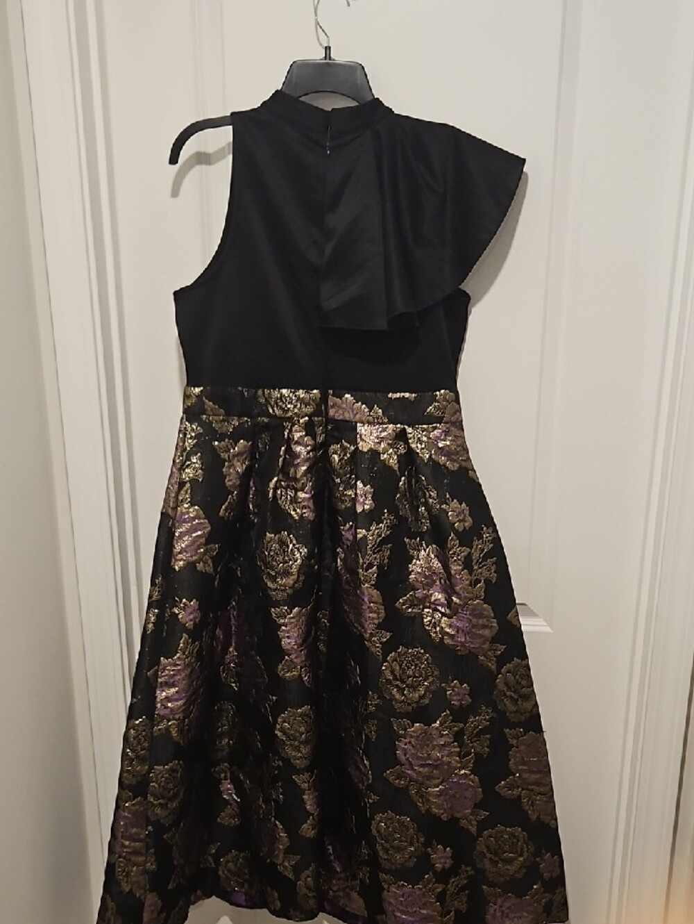 Womens Black, Purple and Gold Floral Party Dress with Ruffle Neck - Picture 6 of 6